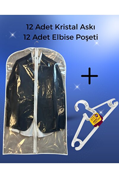 Dükkanönü 12 Adet Şeffaf Kristal Elbise Askısı 12 Adet Takım Elbise Kılıfı Kı...
