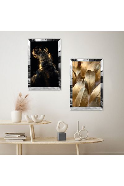 Zevahir Mobilya Dekorasyon SET DE MASA MDF DUAL CU CADRU DE PLEXY CU OGLINDA ARGINTIE FOND ALB NEGRU FORME MODERNE DE AUR