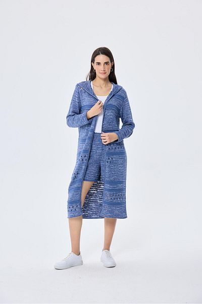 Peraluna Skyler, Openwork, Women's Hooded Summer Long Knitwear Cardigan - Denim Mix