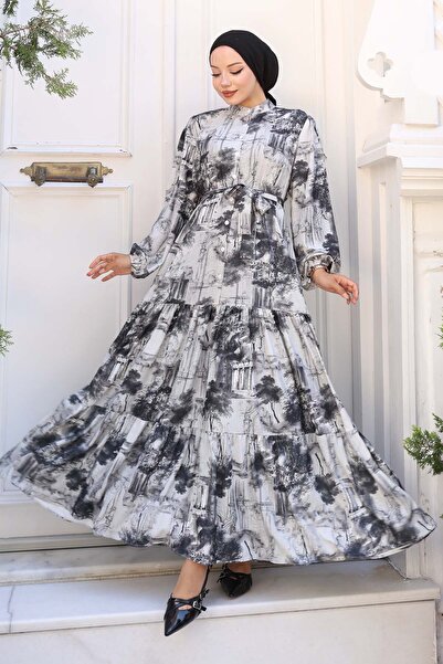 benguen Patterned Hijab Dress Gray 510