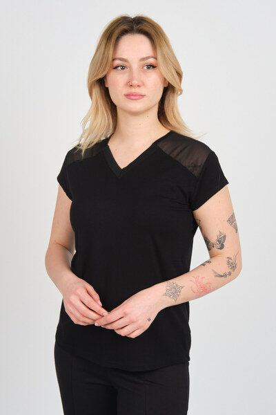 Sistas Women's V-Neck Shoulder and Back Tulle Detailed Short Sleeve Blouse 4148 Black