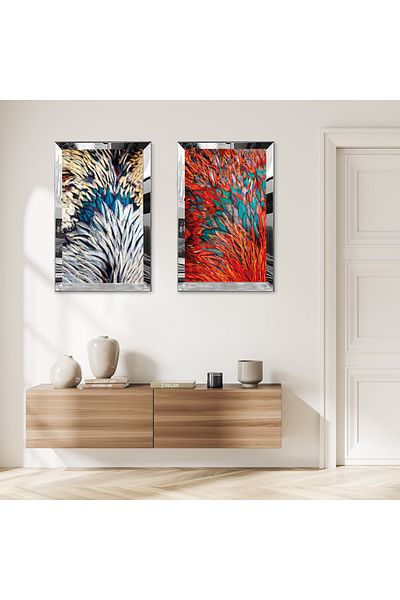 Zevahir Mobilya Dekorasyon SET DE MASA MDF DUBLA CU CADRU DE PLEXY CU OGLINDA SILVER FLORE ORANGE ALBE
