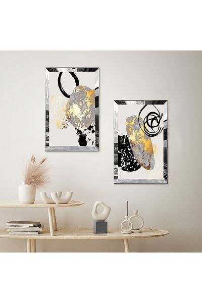 Zevahir Mobilya Dekorasyon CADRU PLEXY CU OGLINDA ARGINTIE FORME AURII ȘI GRI Forme decorative abstracte SET DE MASA MDF BINAR