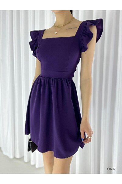 Modafeminen Krep Kumaş Sırt Dekolteli Mini Elbise Abiye Elbise Mezuniyet Elbisesi 581389 Mor
