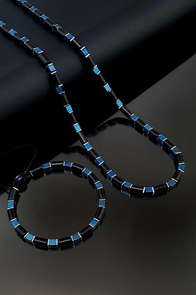 Seven Art Jewelry Natural Stone Set, Blue and Black Hematite Necklace Bracelet Set