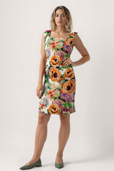 Vitrin Flower Pattern Zero Sleeve Square Neck Dress
