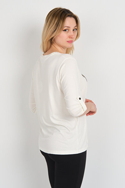 Sistas Women's Three Quarter Sleeve Sequin and Embellishment Detailed Crew Neck Blouse 24004 Ecru