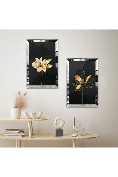 Zevahir Mobilya Dekorasyon SET DE MASA DECORATIVA BILATERALA MDF CU CADRU DE PLEXY CU OGLINDA ARGINTIE FOND NEGRU FLORE DE AUR