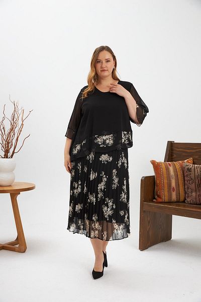 RMG Asymmetrical Cut Pleated Plus Size Chiffon Dress Black