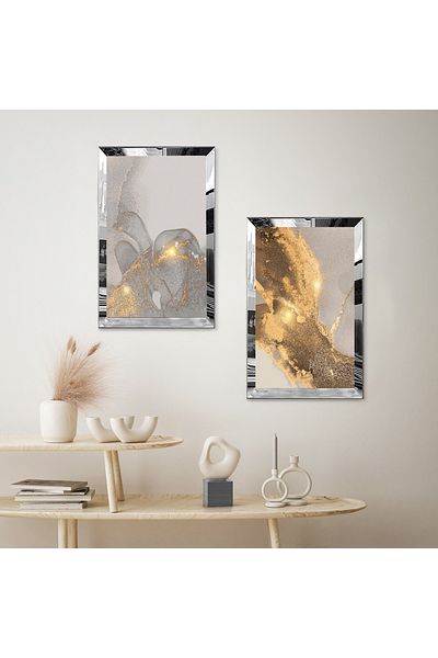 Zevahir Mobilya Dekorasyon SET DE MASA DECORATIVA DUBLA MDF CU CADRU DE PLEXY CU OGLINDA SILVER FOND GRI
