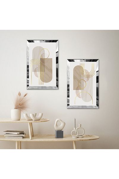 Zevahir Mobilya Dekorasyon SET DE PICTURI DECORAȚII BILATERALE MDF MODERNE FORME ABSTRACTE CU CADRU DE PLEXY CU OGLINDA ARGINTIE FOND ALB