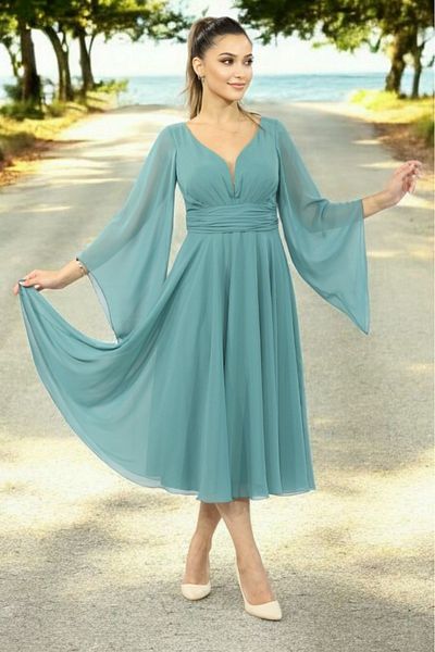 FaBe Fashion Long Flounce Sleeve Heart Neck Waist Shirred Midi White Chiffon Dress Wedding-Engagement-Promise-Outdoor Shooting