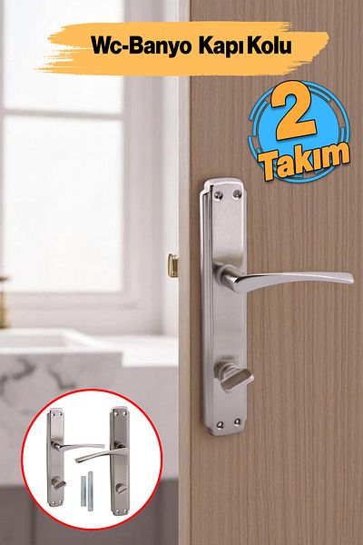 Badem10 Wc Bathroom Door Handle Lockable (2 Sets) Nickel Inox Mirrored Right Left Suitable for Interior Exterior Toilet Door