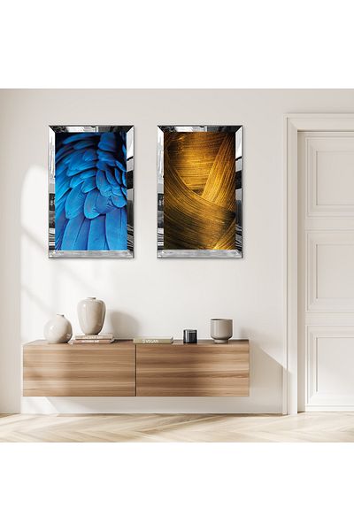 Zevahir Mobilya Dekorasyon SET DE TABLĂ MDF DUALĂ CU CADRU DE PLEXY CU OZNĂ DE ARGINT, PĂR ALBASTRU ȘI MODEL ABSTRACT DE AUR