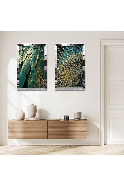 Zevahir Mobilya Dekorasyon SET DE MASA MDF DUBLA CU FRUNZE VERDE INTENS CU CADRU DE PLEXY CU OGLINDA SILVER