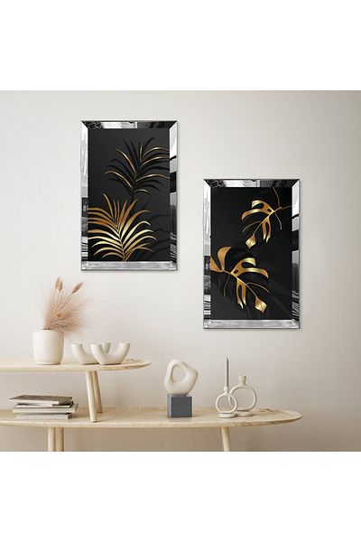 Zevahir Mobilya Dekorasyon Set de pictură decorativă din MDF dublu cu flori aurii abstracte cu cadru din plexiglas cu oglindă argintie și fundal negru