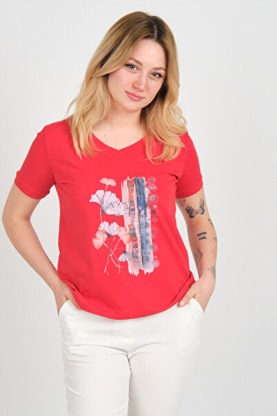 Sistas Women's Print Pattern V-Neck Short Sleeve Cotton Blouse 24100 Red