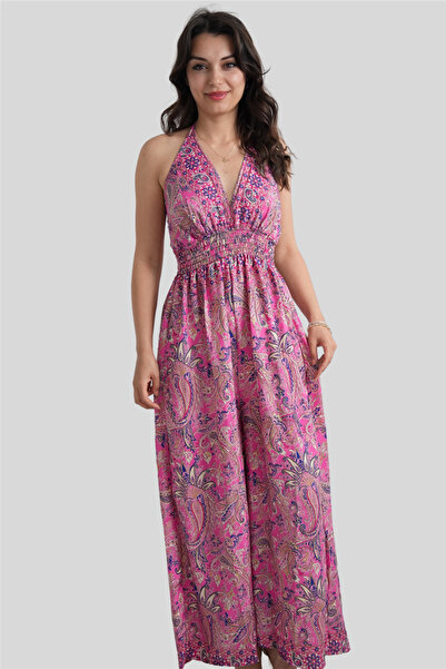 Miss Boheme Pembe Şal Desenli Boyundan Bağlamalı Sırtı Açık İpek Tulum