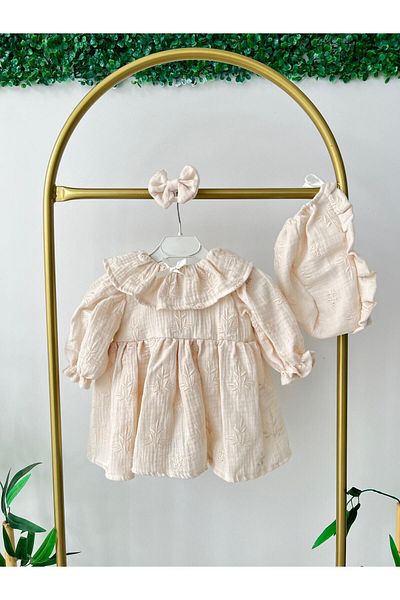 Hobidik Baby Girl Ruffle Collar Cream Scalloped Double Layer Muslin Dress