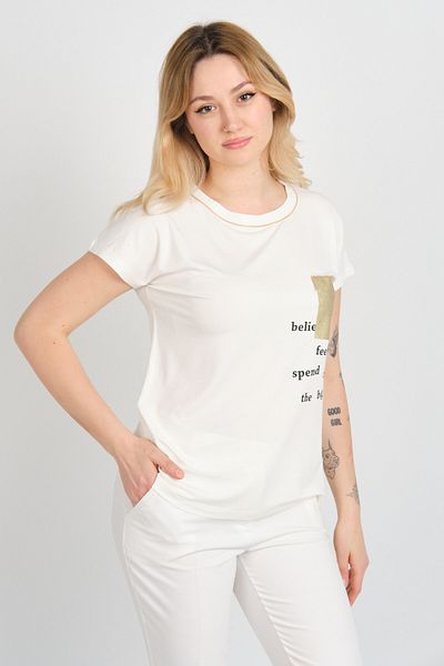 Sistas Women's Text Printed Ornamental Pocket Crew Neck Blouse 24238 Ecru