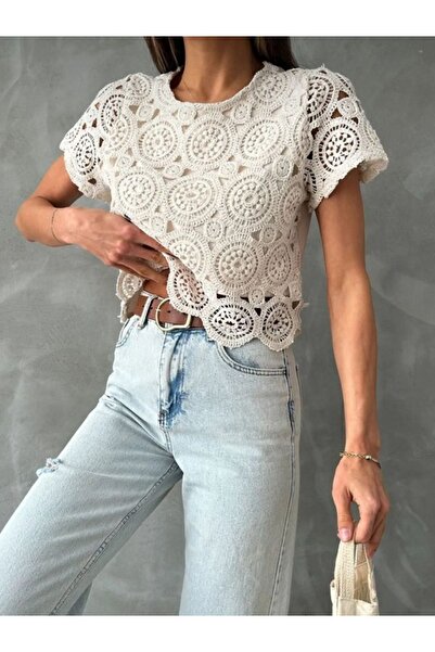 TOPSHOW dantel bluz sıfır yaka yarım kol 2142