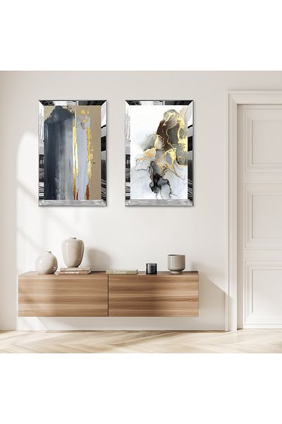 Zevahir Mobilya Dekorasyon SET DE TABLĂ MDF DUALĂ CU MODELE ABSTRACTE CULORI CU CADRU DE PLEXY CU OGLINDĂ DE ARGINT