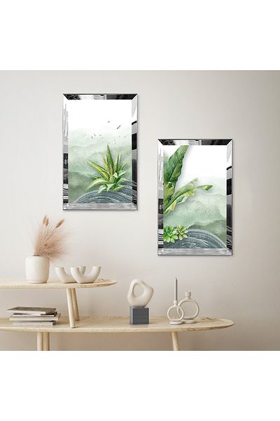 Zevahir Mobilya Dekorasyon SET DE MASA MODERN BILATERAL MDF PLANTE VERDE CU CADRU DE PLEXY CU OGLINDA SILVER