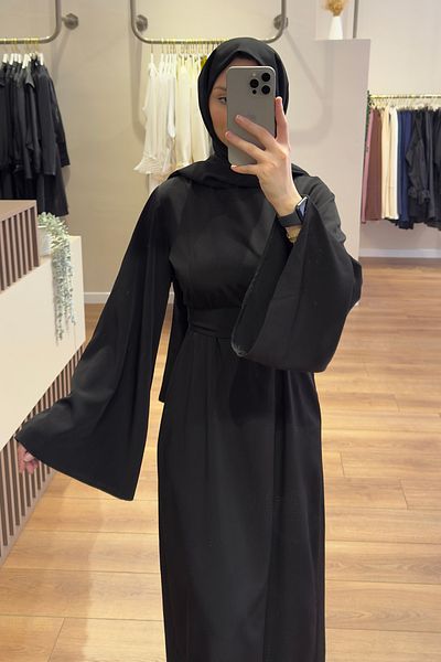 Birgül Bektaş Black Flared Belted Dress with Sleeves