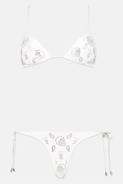 PHILIPP PLEIN Women 2 Pieces Embellished Padded Bikini Top And Bottom Set, White/Silver