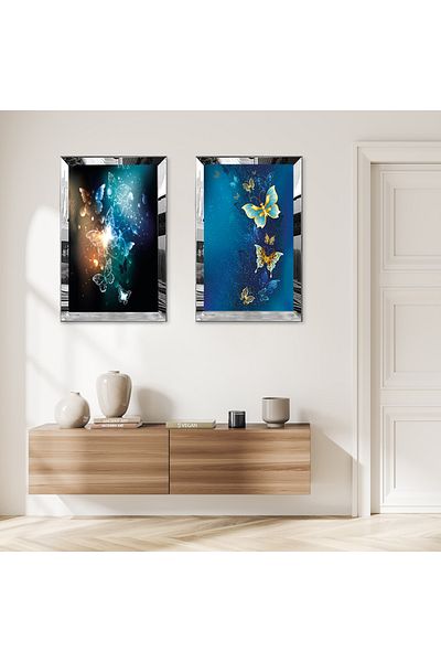 Zevahir Mobilya Dekorasyon FLUTURI COLORATI CU CADRU DE PLEXY CU OGLINDA ARGINTIE FOND ALBASTRU SI NEGRU SET DE MASA MDF BINAR