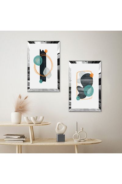 Zevahir Mobilya Dekorasyon SET DE TABLĂ MDF DUALĂ CU FORME ABSTRACTE CULORI CU CADRU DE PLEXY CU Oglindă SILVER FOND ALB