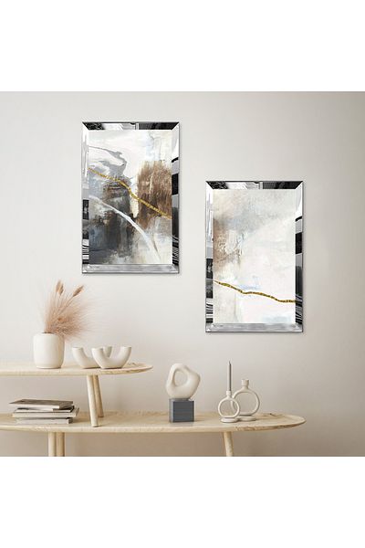 Zevahir Mobilya Dekorasyon SET DE MASA MDF DUBLA CU MODEL NEGRU SI AUR CU CADRU PLEXY CU OGLINDA SILVER FOND ALB