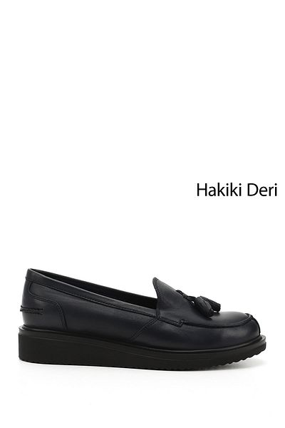 GÖNDERİ(R) Women's Navy Blue Antique Wedge Sole Genuine Leather Loafer Shoes