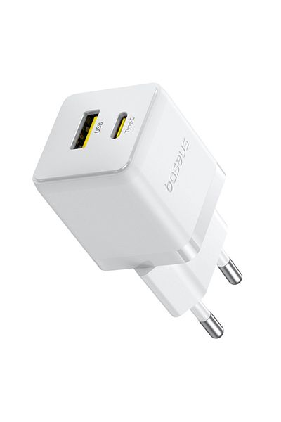 Baseus Charger Socket with 2 ports, Type-C Cable, Fast Charge, 2in1, USB, USB-C, 30W, 20V/3A, Palm, White