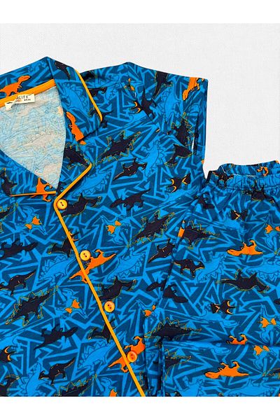 seamlife Set de pijamale sezoniere pentru băieți, 100% bumbac, cu model de dinozaur, guler de cămașă albastră, cu mânecă scurtă, cu nasturi