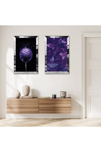 Zevahir Mobilya Dekorasyon SET DE TABLĂ MDF DUALĂ ABSTRACTĂ FLORI PURPLE CU CADRU DE PLEXY CU OGLINDĂ SILVER