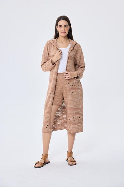 Peraluna Skyler, Openwork, Women's Hooded Summer Long Knitwear Cardigan - Milk Brown Mix