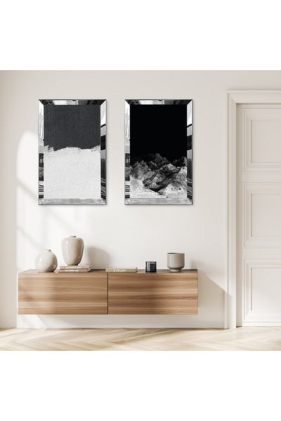 Zevahir Mobilya Dekorasyon SET DE MASA MDF BINAR CU MODEL ABSTRACT ALB-NEGRU CU CADRU DE PLEXY CU OGLINDA SILVER