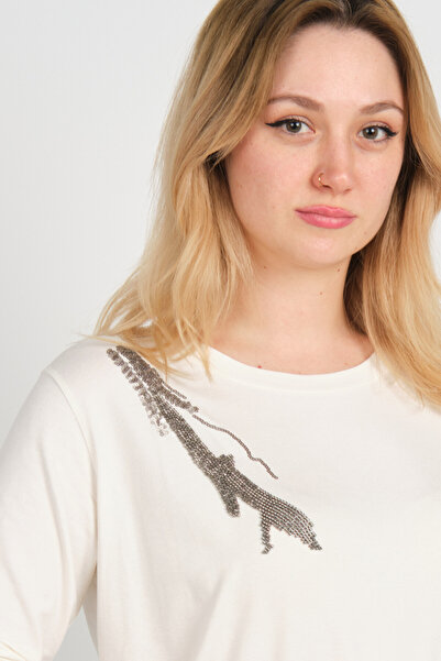 Sistas Women's Three Quarter Sleeve Sequin and Embellishment Detailed Crew Neck Blouse 24004 Ecru