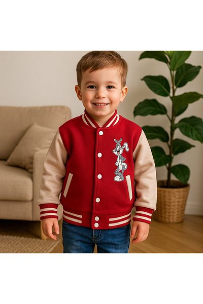 Jaju Baby Unisex Kids Red Bugs Bunny Figured Sleeves Leather College Jacket