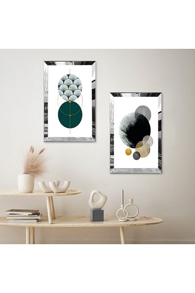 Zevahir Mobilya Dekorasyon SET DE MASA MDF BILATERAL CU FORME MINIMALISTICE CU CADRU DE PLEXY CU OGLINDA SILVER FOND ALB