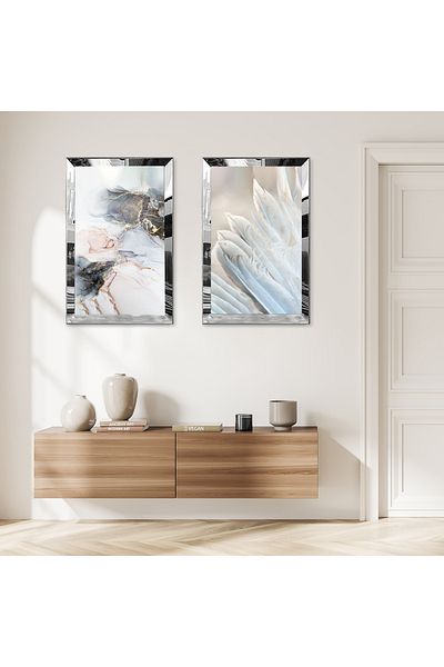 Zevahir Mobilya Dekorasyon FLORI ALBE CU CADRU DE PLEXY CU OGLINDA ARGINTIE SET DE MASA MDF DUBLA