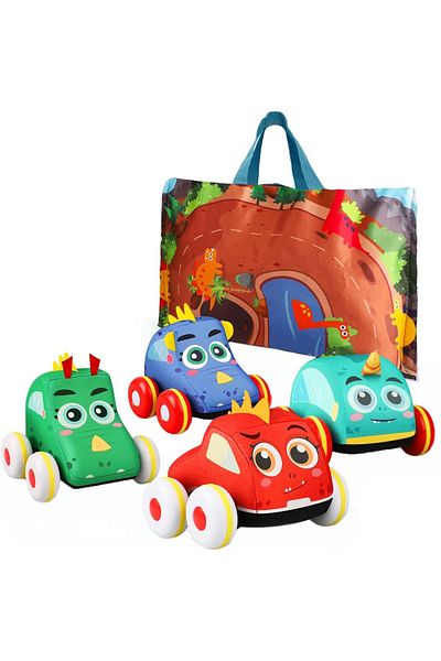 Pitikot Set de 4 Masinute din Plus Pitikot®, cu frictiune, jucarie cu Tema Dinozauri, Covoras de Joaca