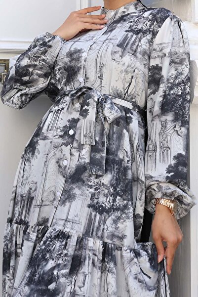benguen Patterned Hijab Dress Gray 510