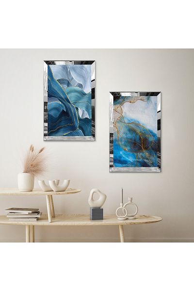 Zevahir Mobilya Dekorasyon SET DE MASA MDF DUBLA CU CADRU DE PLEXY CU OGLINDA SILVER, MODEL ALBASTRU SI ABSTRACT