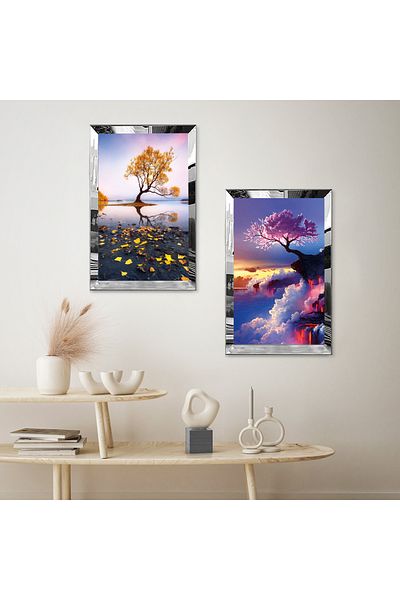 Zevahir Mobilya Dekorasyon SET DE TABLĂ MDF DUALĂ PE SEA TREE SCENERY CU CADRU DE PLEXY CU Oglindă SILVER