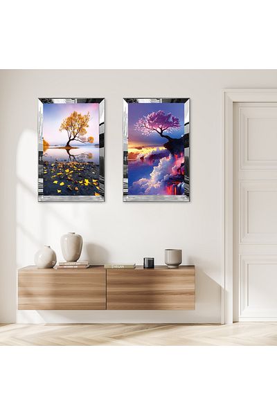 Zevahir Mobilya Dekorasyon SET DE TABLĂ MDF DUALĂ PE SEA TREE SCENERY CU CADRU DE PLEXY CU Oglindă SILVER