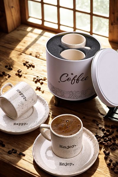 Manaferra 2-Person Ceramic Coffee Cup-Enjoy&Happy Coffee Cup Set with Metal Box Gift