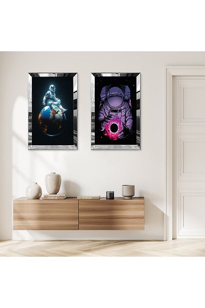 Zevahir Mobilya Dekorasyon SET DE MASA MODERNĂ BILATERALĂ MDF ASTRONAUT CU CADRU DE PLEXY CU Oglindă SILVER