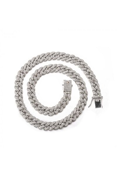 Tessera Cuban Chain Link Necklace, plated with 18K gold, white zirconium inserts, 60 cm, silver